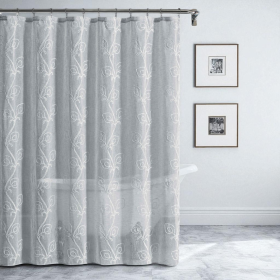 72" Gray Floral Faux Linen Shower Curtain With Embroidery