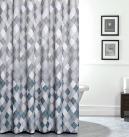 72" Gray And White Argyle Waffle Weave Fabric Shower Curtain and Hooks Set