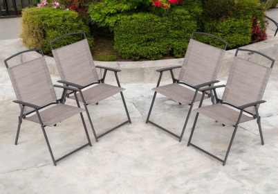 Set of Four 35" Brown Steel Sling Outdoor Folding Arm Chairs