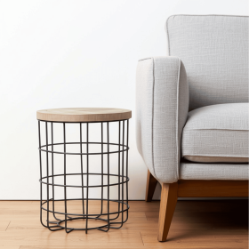 24" Natural and Black Solid Wood and Iron Round Frame End Table