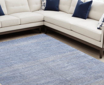 12' X 15' Blue and Ivory Wool Striped Shag Hand Knotted Area Rug