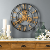 24" Black And Gold Metal Analog Exposed Gear Round Wall Clock