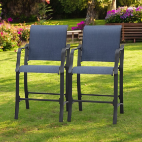 Set of Two 25" Black and Blue Metal Outdoor Counter Height Bar Chairs