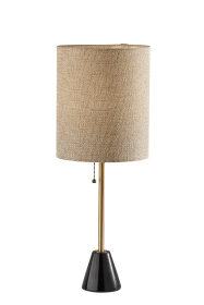 28" Black and Gold Marble and Metal Table Lamp With Beige Drum Shade