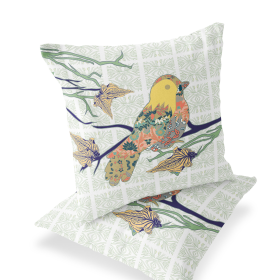 Set of Two 16" X 16" Green and White Bird Blown Seam Floral Indoor Outdoor Throw Pillow