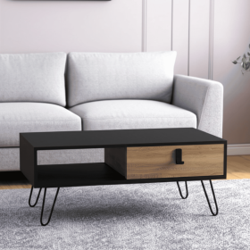 41" Black and Oak Wood and Metal Coffee Table With Drawer And Shelf