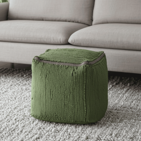 18" Moss Green And Natural Cotton And Jute Cube Pouf Ottoman