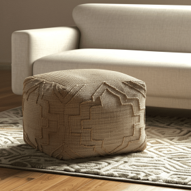 18" Natural Jute Blend Cube Quatrefoil Pouf Ottoman