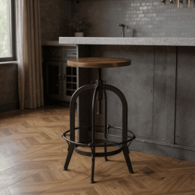 Solid Wood and Metal Backless Adjustable Height Swivel Bar Chair