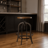Solid Wood and Metal Backless Adjustable Height Swivel Bar Chair