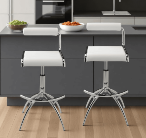 Set of Two White and Silver Metal and Faux Leather Low Back Adjustable Height Bar Chairs