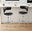 Set of Two Black and Silver Metal and Faux Leather Low Back Adjustable Height Bar Chairs
