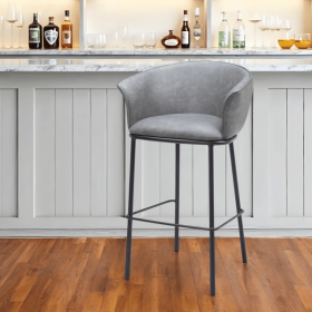 30" Gray And Black Faux Leather And Steel Bar Height Bar Chair