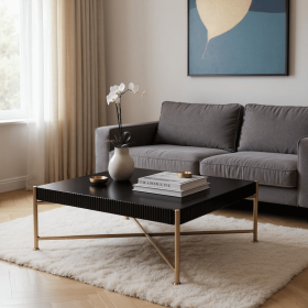 42" Black and Gold Solid Wood and Steel Square Coffee Table