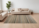 8' X 10' Tan Blue and Orange Striped Hand Knotted Area Rug