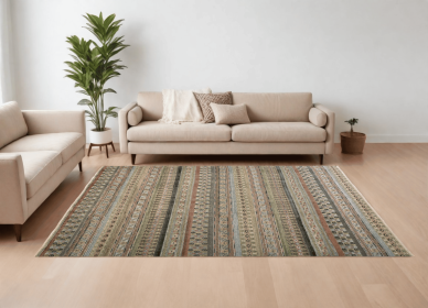 9' X 13' Tan Blue and Orange Striped Hand Knotted Area Rug