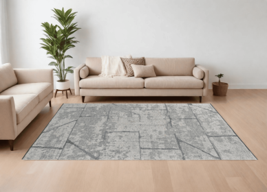 9' X 13' Gray and Silver Wool Abstract Hand Knotted Worn Faded Area Rug