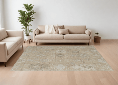 8' X 10' Tan and Ivory Wool Floral Hand Knotted Area Rug