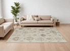 8' X 10' Ivory Tan and Gray Wool Floral Hand Knotted Area Rug