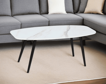 43" White and Black Faux Marble And Steel Coffee Table