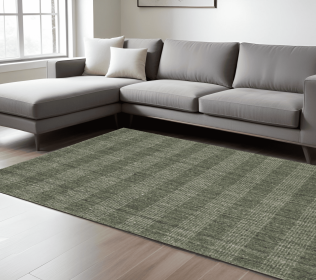 10' X 14' Green Gray And Ivory Wool Plaid Hand Woven Area Rug