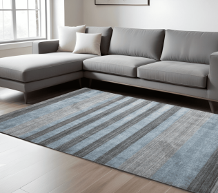 9' X 12' Gray And Light Blue Wool Striped Hand Woven Area Rug