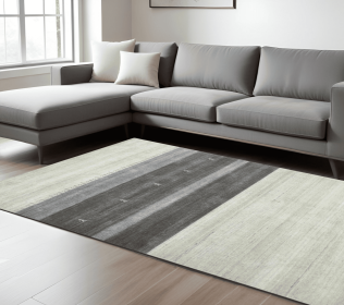 9' X 12' Ivory Gray And Green Wool Striped Hand Woven Area Rug