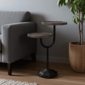 19" Natural and Black Solid Wood and Iron Round Double Tray Top End Table