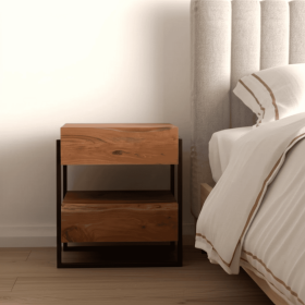 28" Black And Brown Iron and Solid Wood Live Edge Two Drawer Nightstand