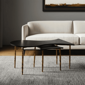 Set of Two Black and Bronze Wood and Steel Free Form Coffee And End Table