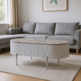 47" Gray Wood and Steel Oval Coffee Table With Drawer