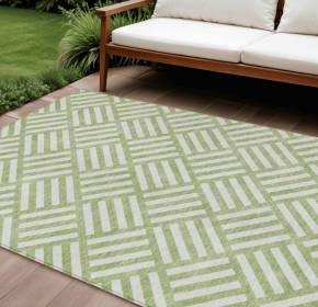 10' X 14' Artichoke Green And Ivory Geometric Washable Indoor Outdoor Area Rug