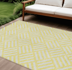 10' X 14' Yellow And Ivory Geometric Washable Indoor Outdoor Area Rug