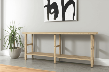 77" Natural Solid Wood Distressed Six Leg Console Table With Shelf