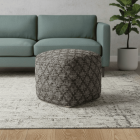 Cotton And Leather Geometric Cube Pouf Ottoman