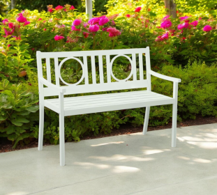 45" White Metal Geometric Back Garden Patio Bench