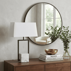 26" Gray Square Bedside Lamp With Shade