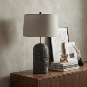 29" Navy Blue Round Bedside Lamp With Drum Shade
