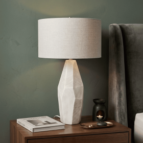 30" Cream Round Bedside Lamp With Drum Shade