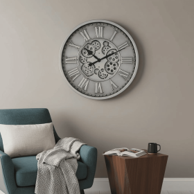 18" Silver And Black Metal Silent Skeleton Exposed Gear Round Wall Clock