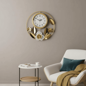 20" Gold And White Metal Silent Analog Floral Round Wall Clock