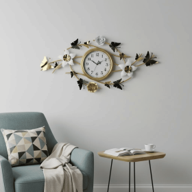 39" Gold And White Metal Silent Analog Butterfly Novelty Wall Clock