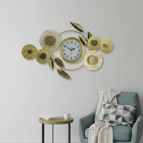 37" Gold Silver And White Metal Silent Analog Floral Novelty Wall Clock