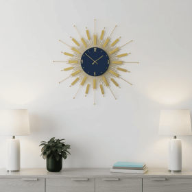 27" Gold And Blue Metal Silent Analog Sunburst Wall Clock