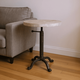 22" Natural and Black Solid Wood and Metal Height Adjustable Round Pedestal End Table
