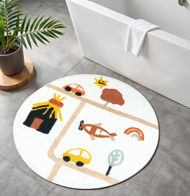 32" White Yellow And Red Cotton Cars Round Youthful Bath Rug
