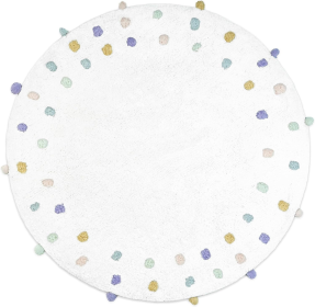 32" White Green And Purple Cotton Round Polka Dots Bath Rug