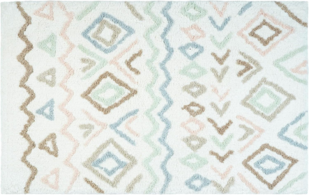 32" White Blue Green And Brown Cotton Geometric Bath Rug