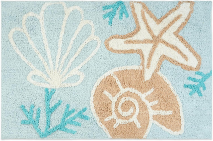 32" Aqua Blue Tan And White Cotton Seashells And Coral Bath Rug