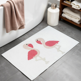 32" Pink And White Cotton Flamingo Non Slip Bath Rug